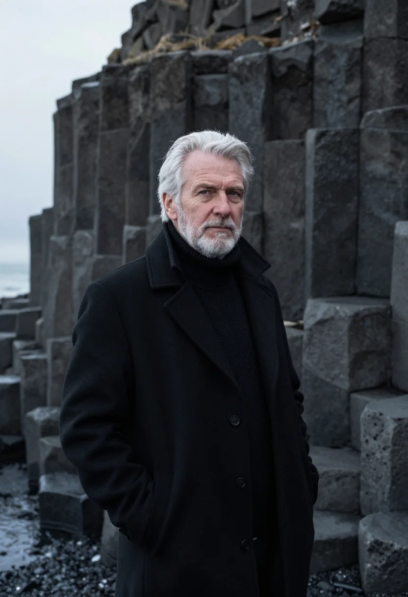 AI reynisfjara volcanologist basalt black sample — portrait of a man, a volcanologist in his sixties of Iceland