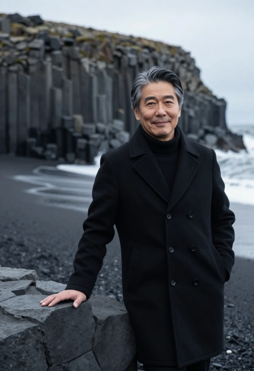 AI reynisfjara volcanologist basalt black sample — portrait of a man, a volcanologist in his fifties of Japanes