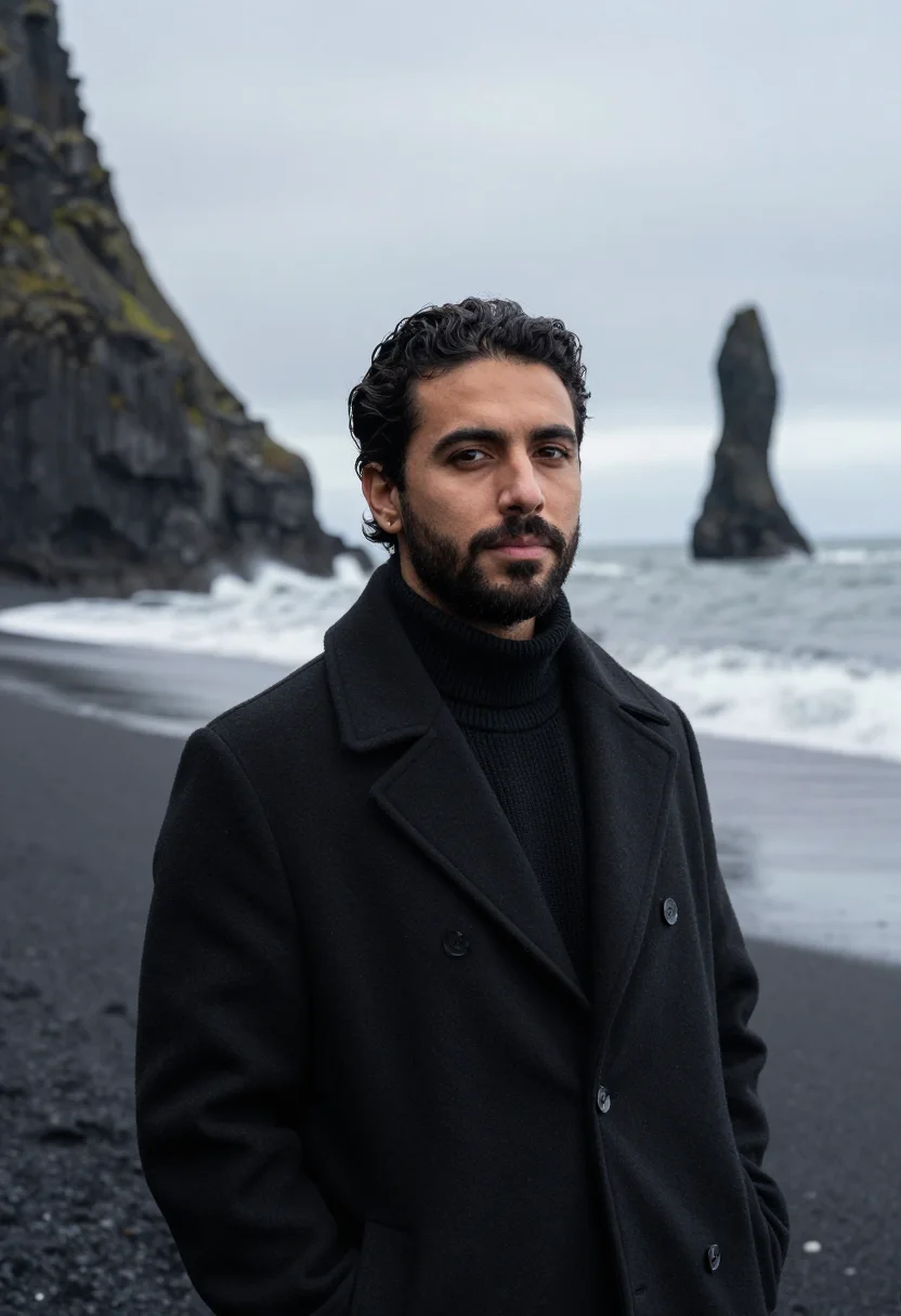 AI reynisfjara volcanologist basalt black sample — portrait of a man, a volcanologist in his forties of Azorean