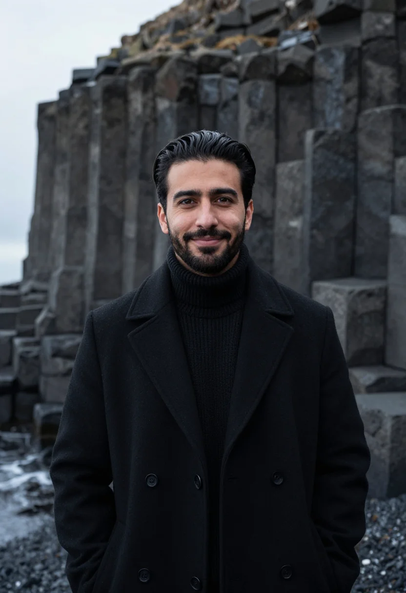 AI reynisfjara volcanologist basalt black sample — portrait of a man, a volcanologist in his early forties of S