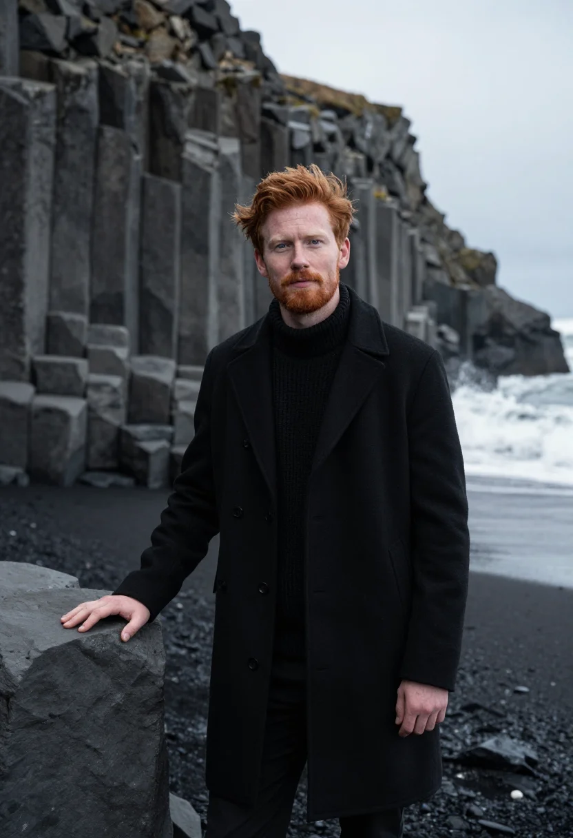 AI reynisfjara volcanologist basalt black sample — portrait of a man, a volcanologist in his late twenties of I