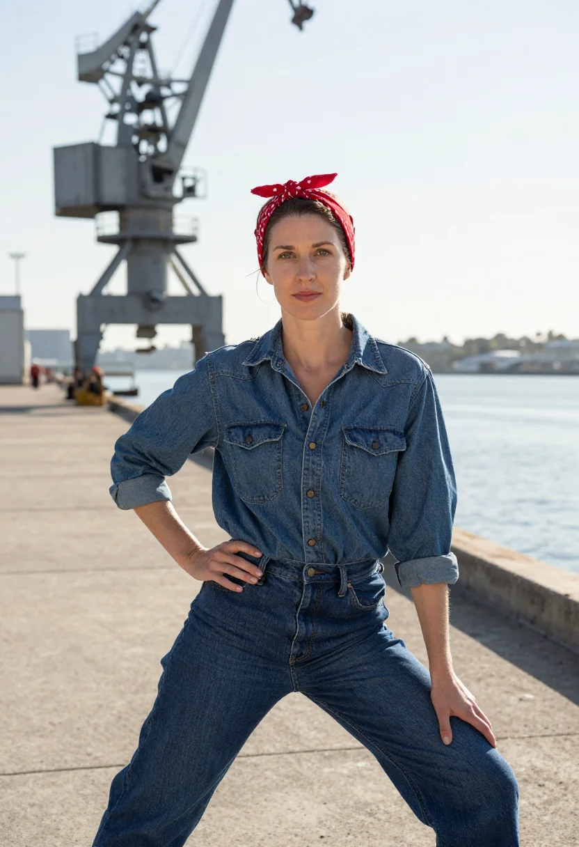 AI richmond shipyard welder denim red sample — portrait of a woman, in her forties, with fair skin, green e