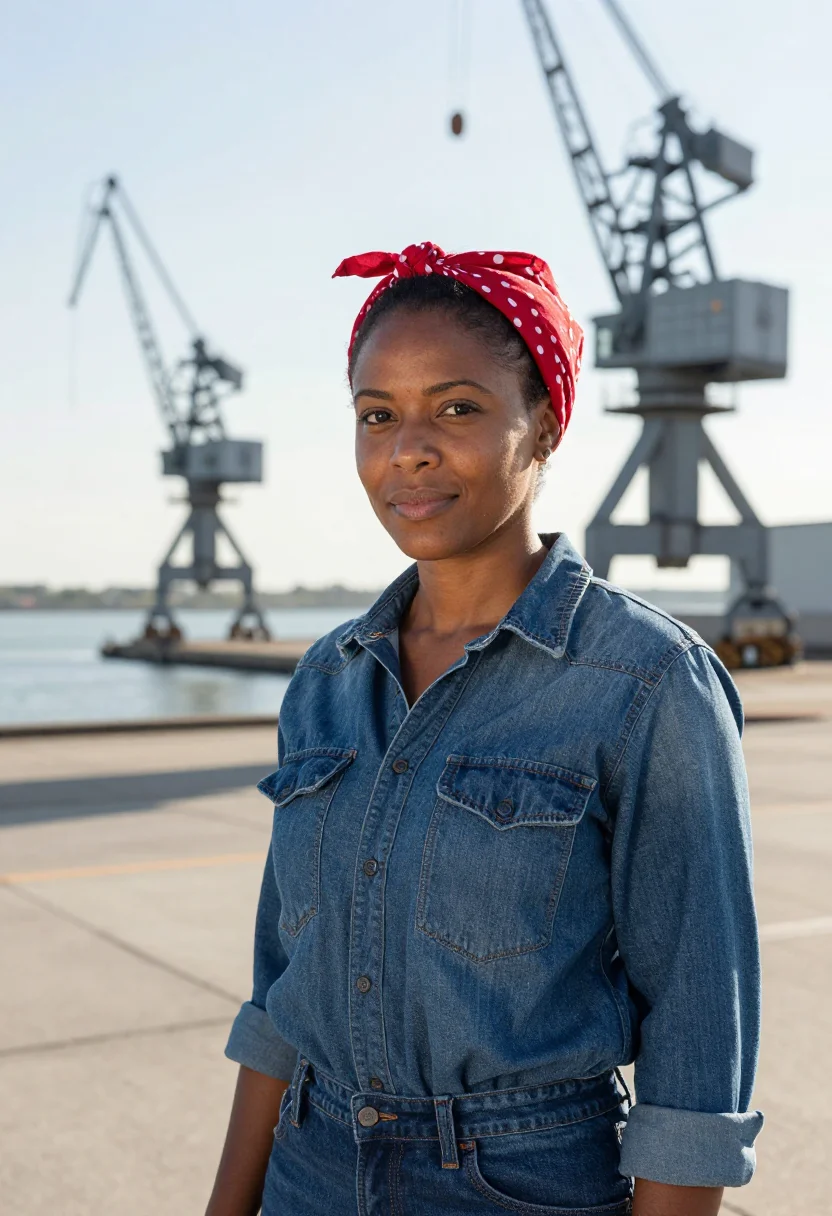 AI richmond shipyard welder denim red sample — portrait of a woman, African-American, in her thirties, with