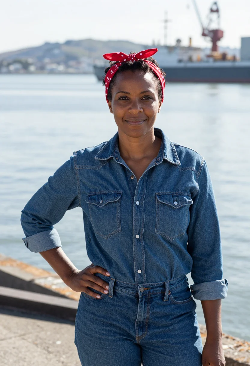 AI richmond shipyard welder denim red sample — portrait of a woman, African-American, in her forties, with