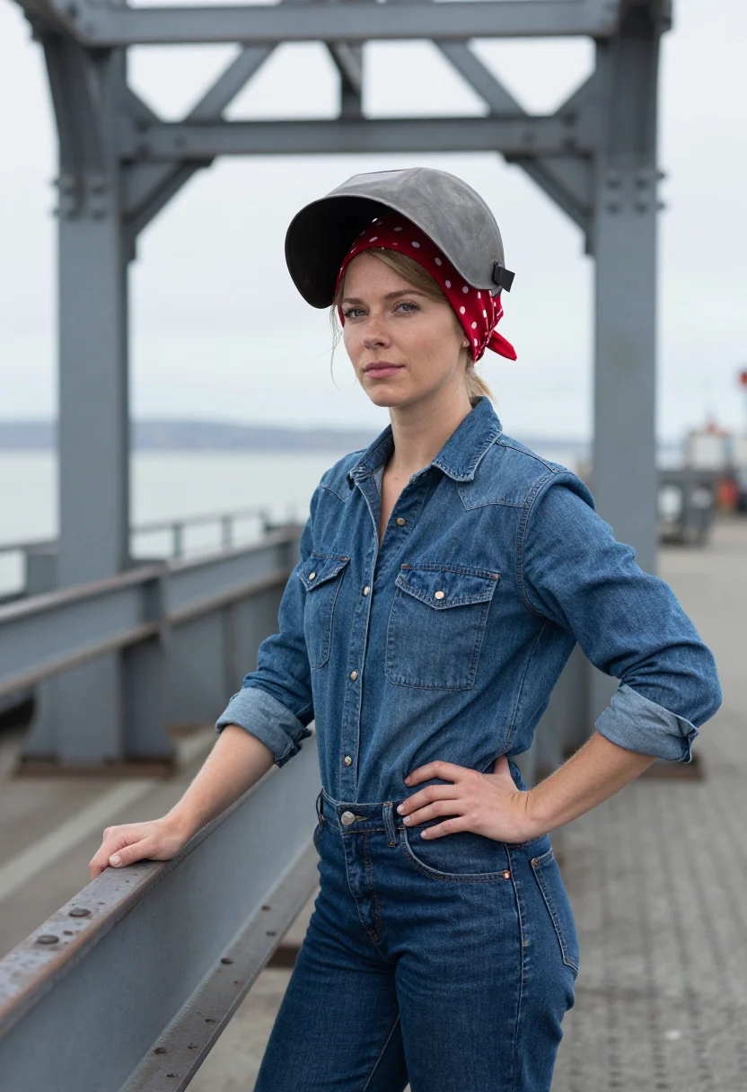 AI richmond shipyard welder denim red sample — portrait of a woman, Scandinavian-American, in her late twen
