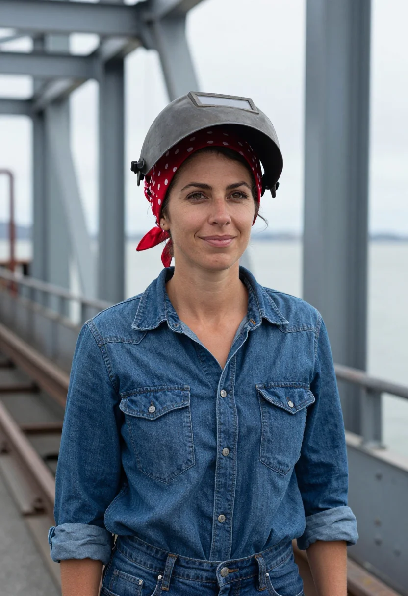 AI richmond shipyard welder denim red sample — portrait of a woman, Italian-American, in her thirties, with