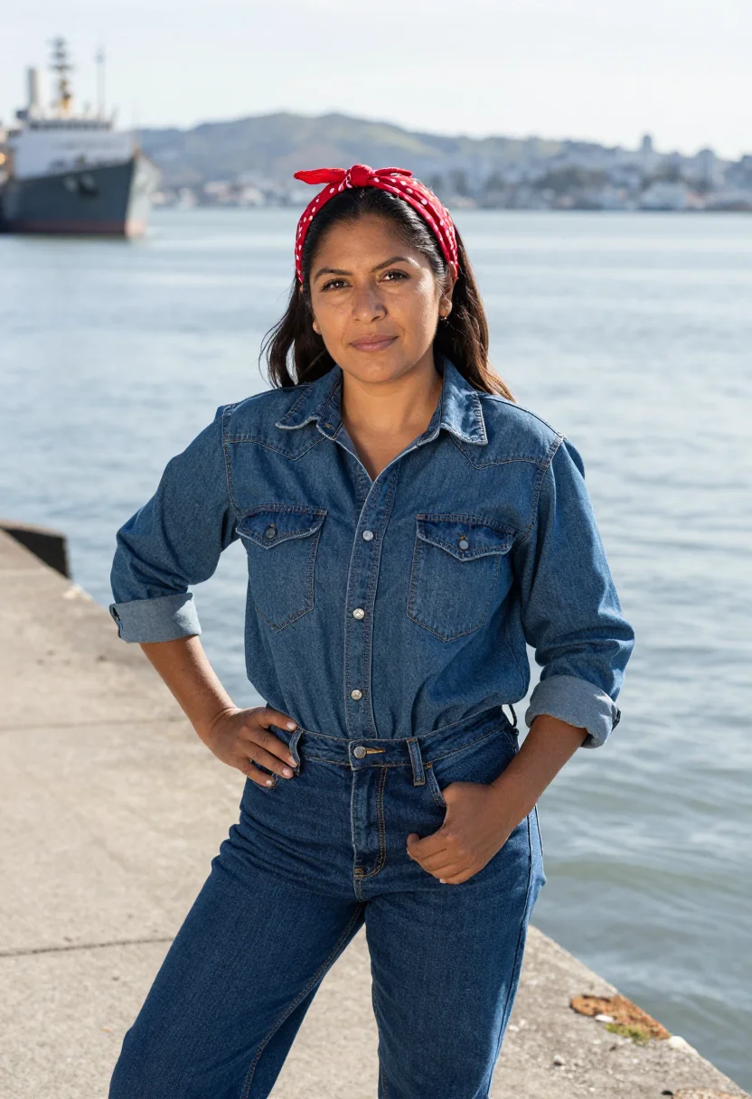 AI richmond shipyard welder denim red sample — portrait of a woman, Mexican-American, in her twenties, with