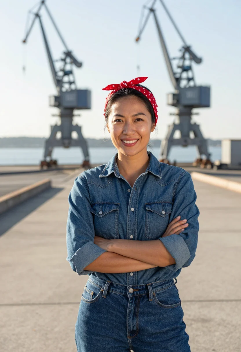 AI richmond shipyard welder denim red sample — portrait of a woman, Chinese-American, in her thirties, with