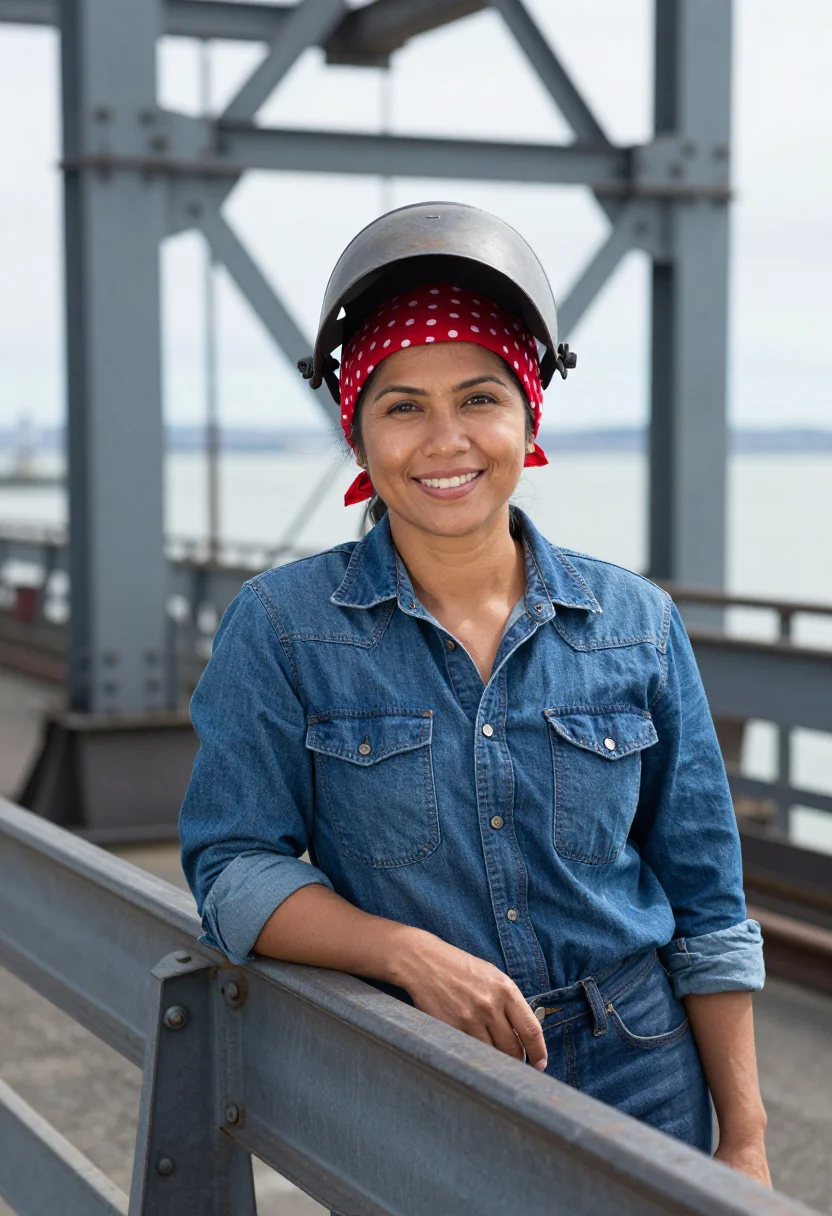 AI richmond shipyard welder denim red sample — portrait of a woman, Filipino-American, in her thirties, wit