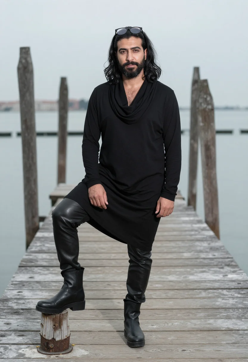 AI rick owens lido venice black platform sample — portrait of a man, a Lebanese man in his late thirties with