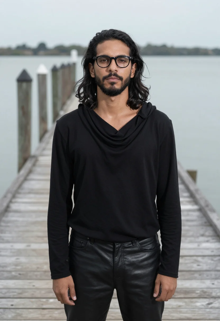 AI rick owens lido venice black platform sample — portrait of a man, a Brazilian man in his early thirties wit