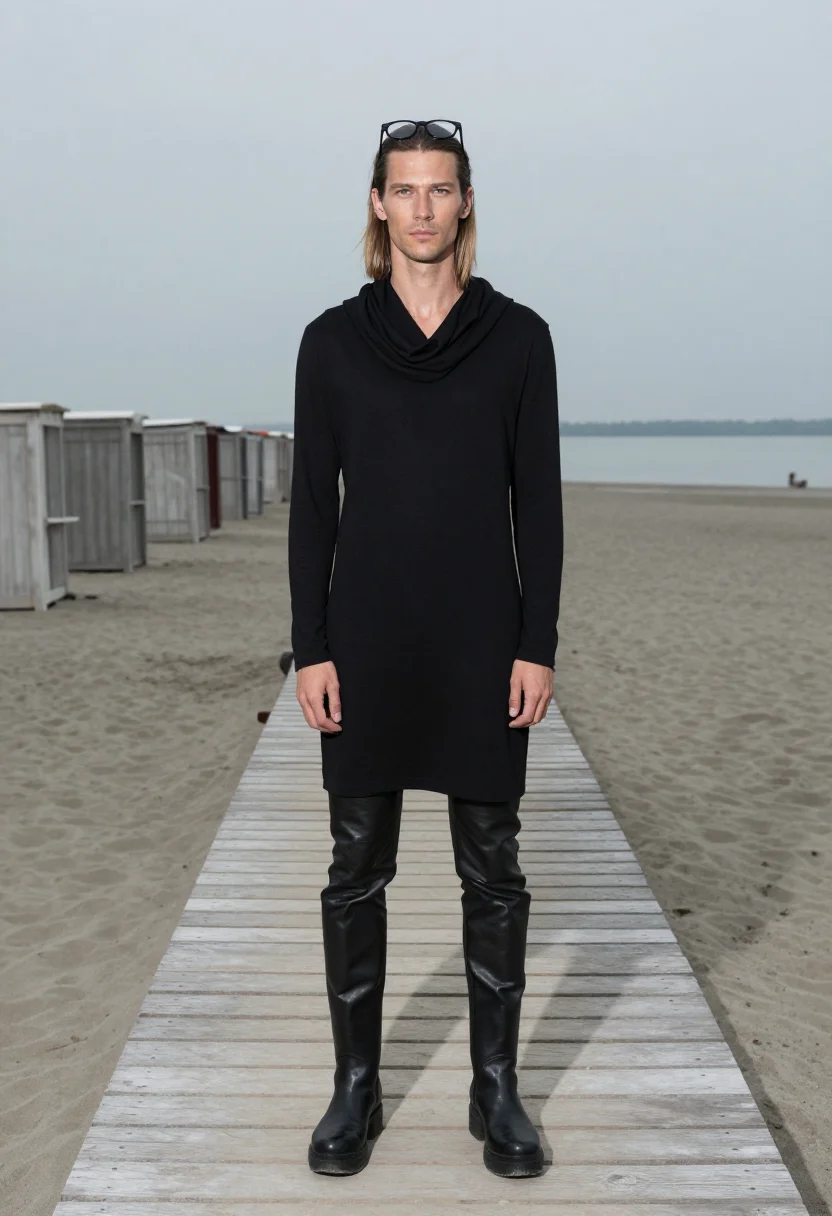AI rick owens lido venice black platform sample — portrait of a man, a German man in his mid-thirties with fai