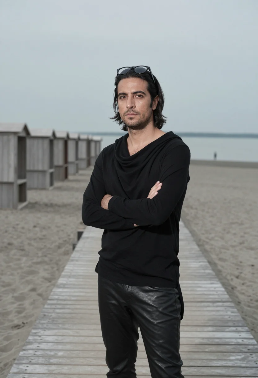 AI rick owens lido venice black platform sample — portrait of a man, a Spanish man in his mid-forties with oli