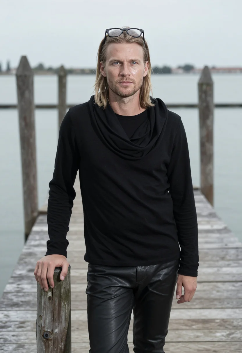 AI rick owens lido venice black platform sample — portrait of a man, a Danish man in his early forties with fa