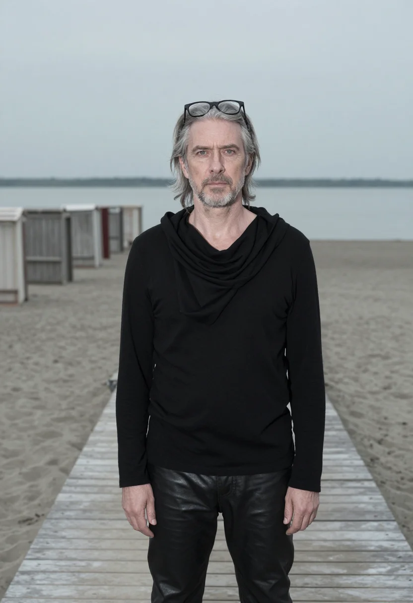 AI rick owens lido venice black platform sample — portrait of a man, an English man in his early fifties with