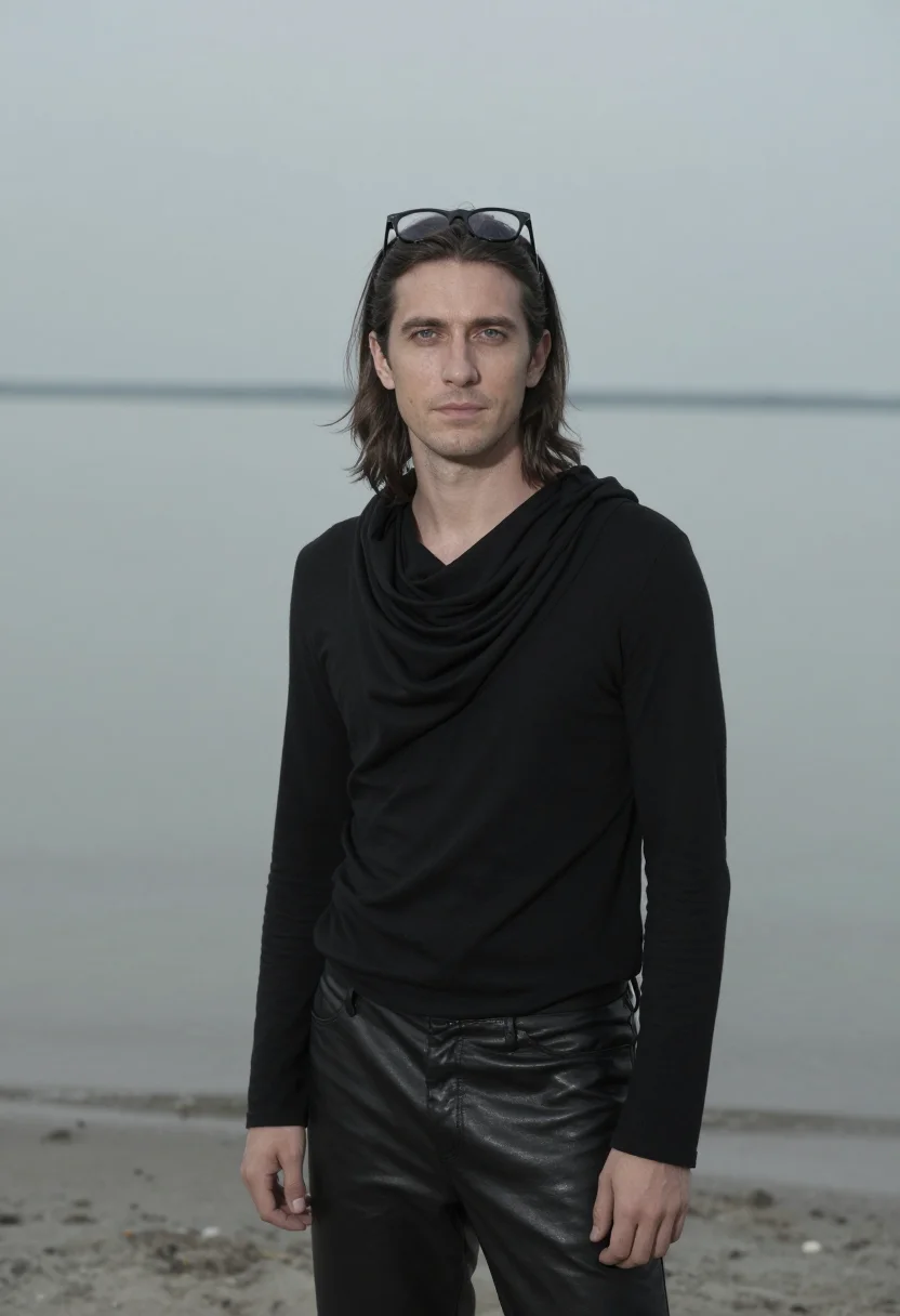 AI rick owens lido venice black platform sample — portrait of a man, a French man in his late thirties with fa