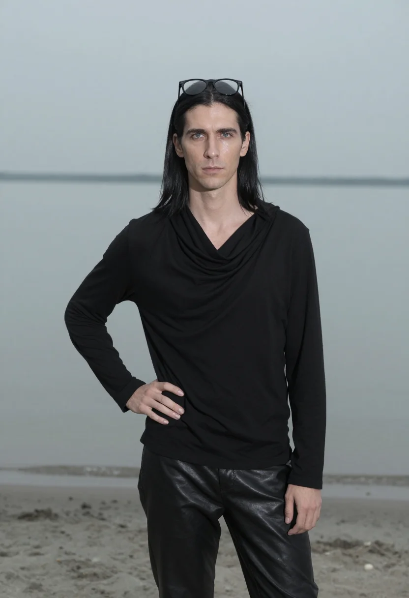 AI rick owens lido venice black platform sample — portrait of a man, an American man in his mid-forties with p