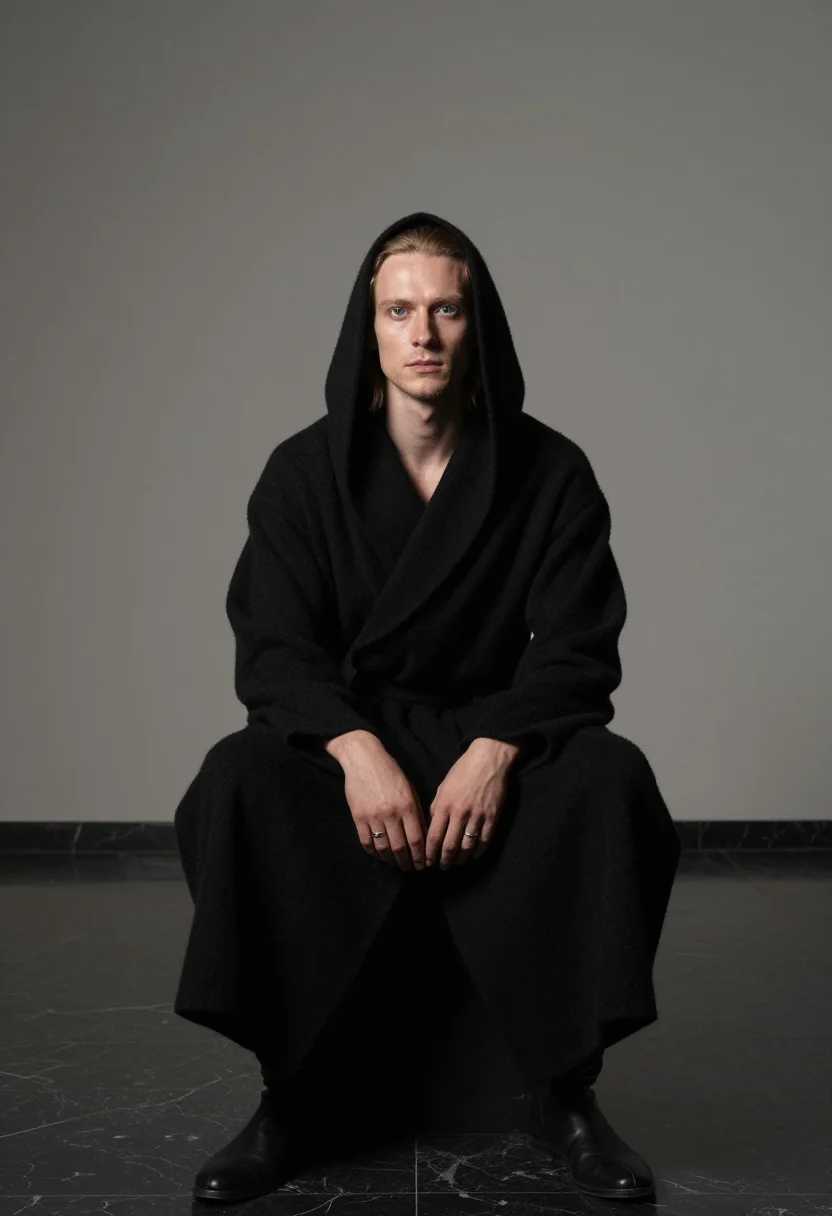 AI rick owens noir sample — portrait of a man, half-length seated portrait of a Western-
