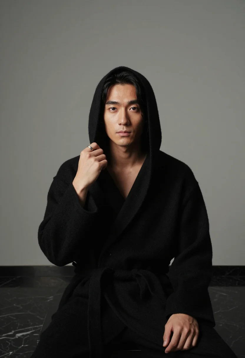 AI rick owens noir sample — portrait of a man, chest-up portrait of an East-Asian man in