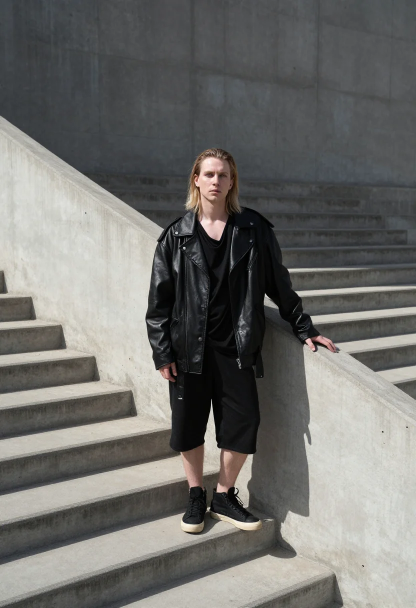 AI rick owens sample — wide full-length portrait of a Western-European man in his m
