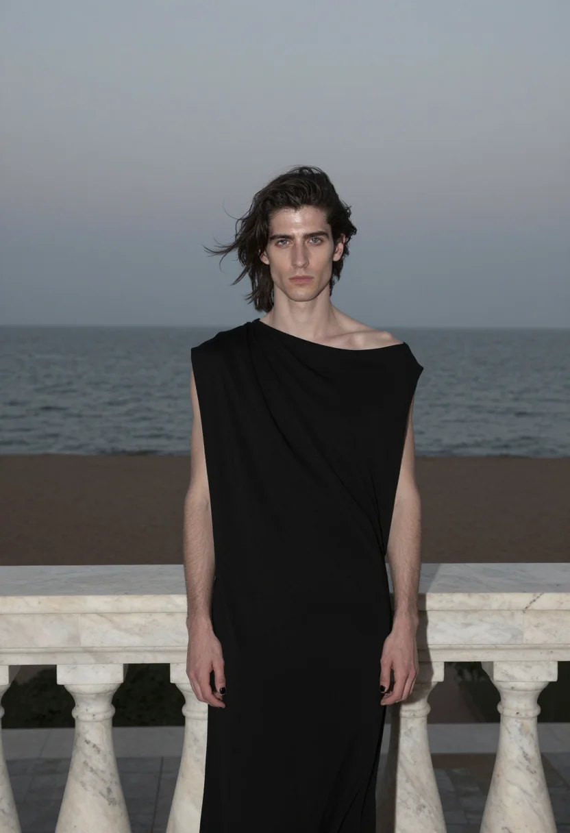 AI rick owens sample — half-length portrait of a Western-European man in his late t
