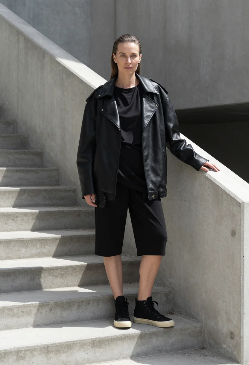 AI rick owens sample — full-length portrait of a Western-European woman in her mid-