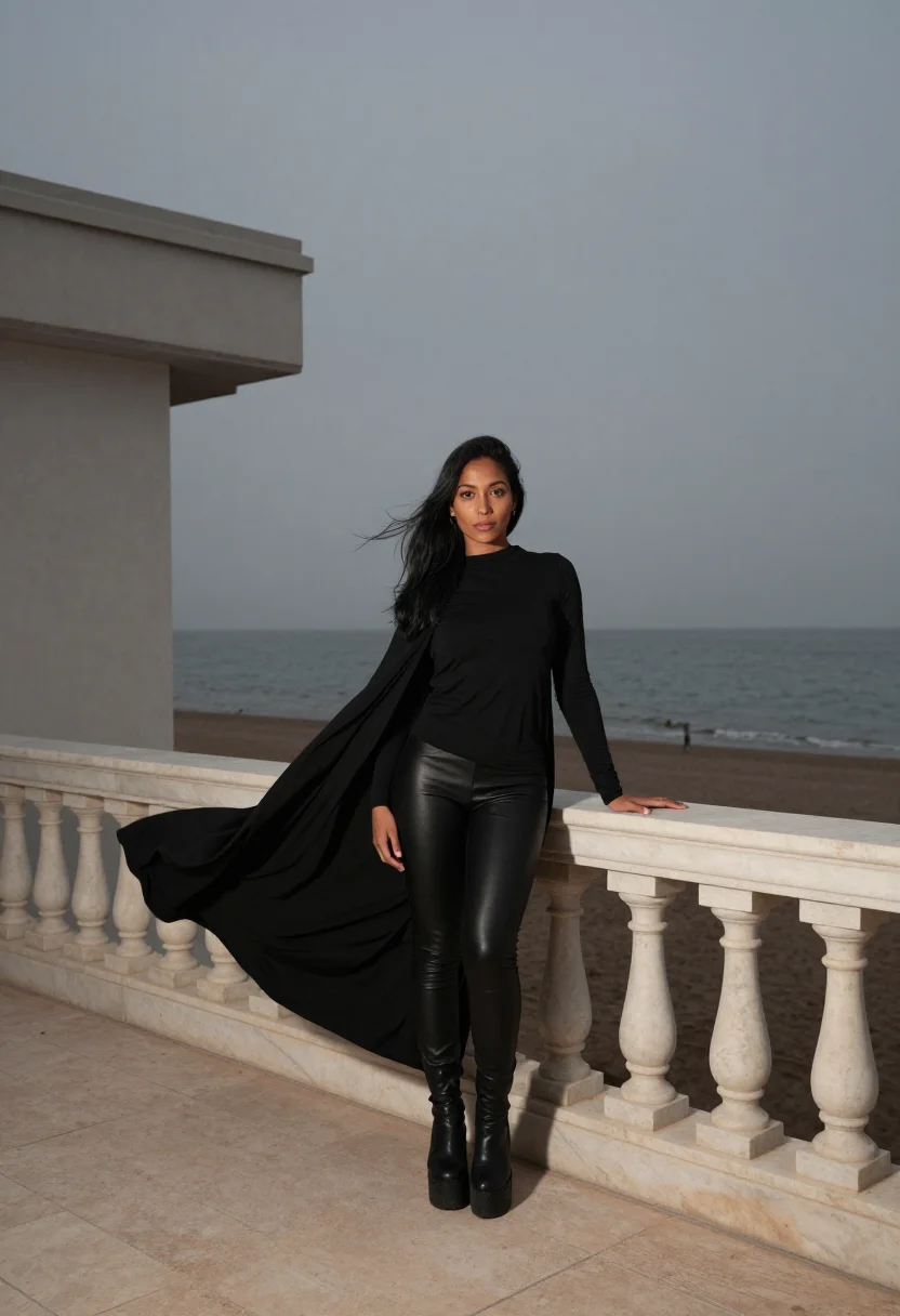 AI rick owens sample — wide full-length portrait of a Latin-American woman in her m