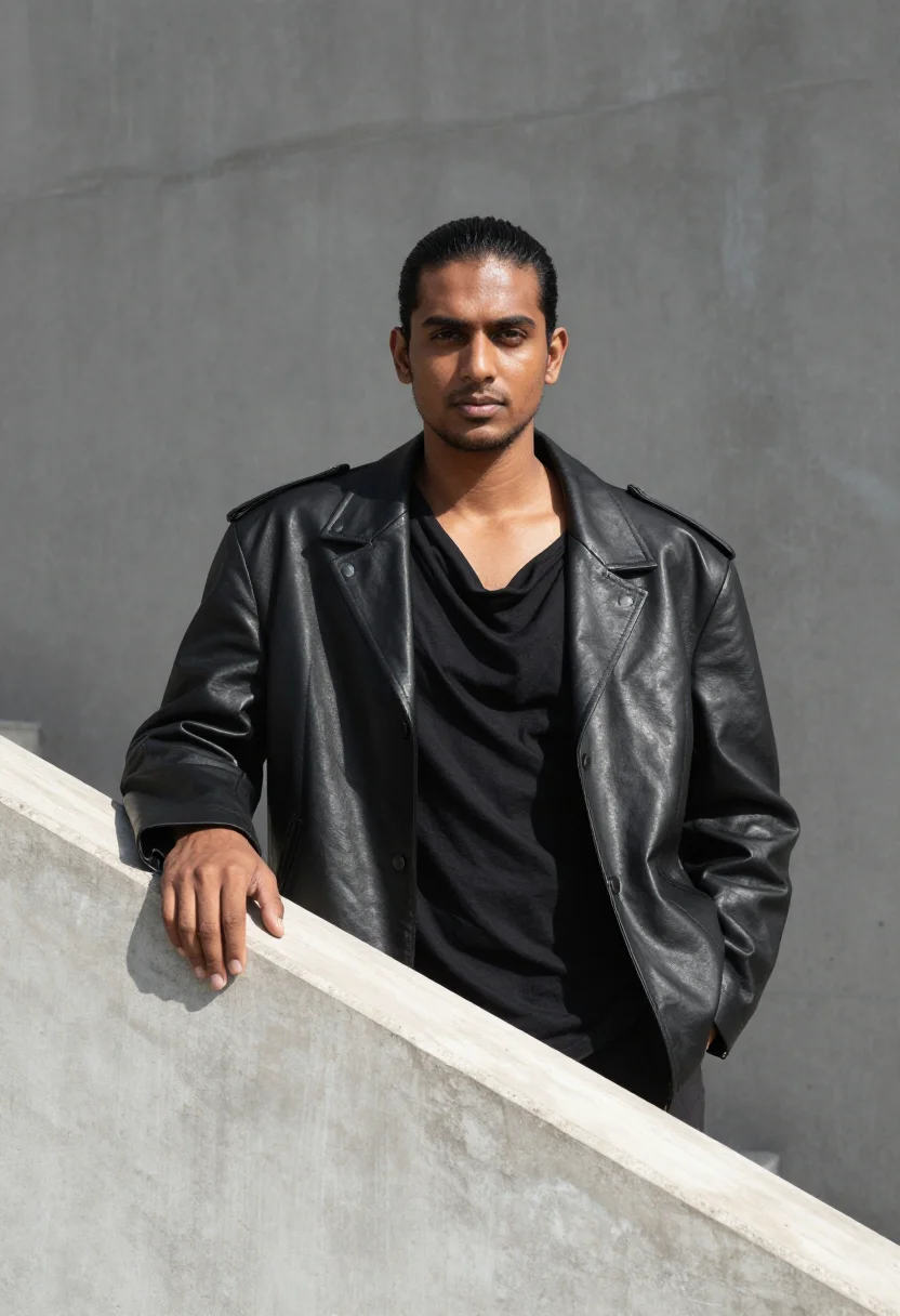 AI rick owens sample — half-length portrait of a South-Asian man in his early thirt