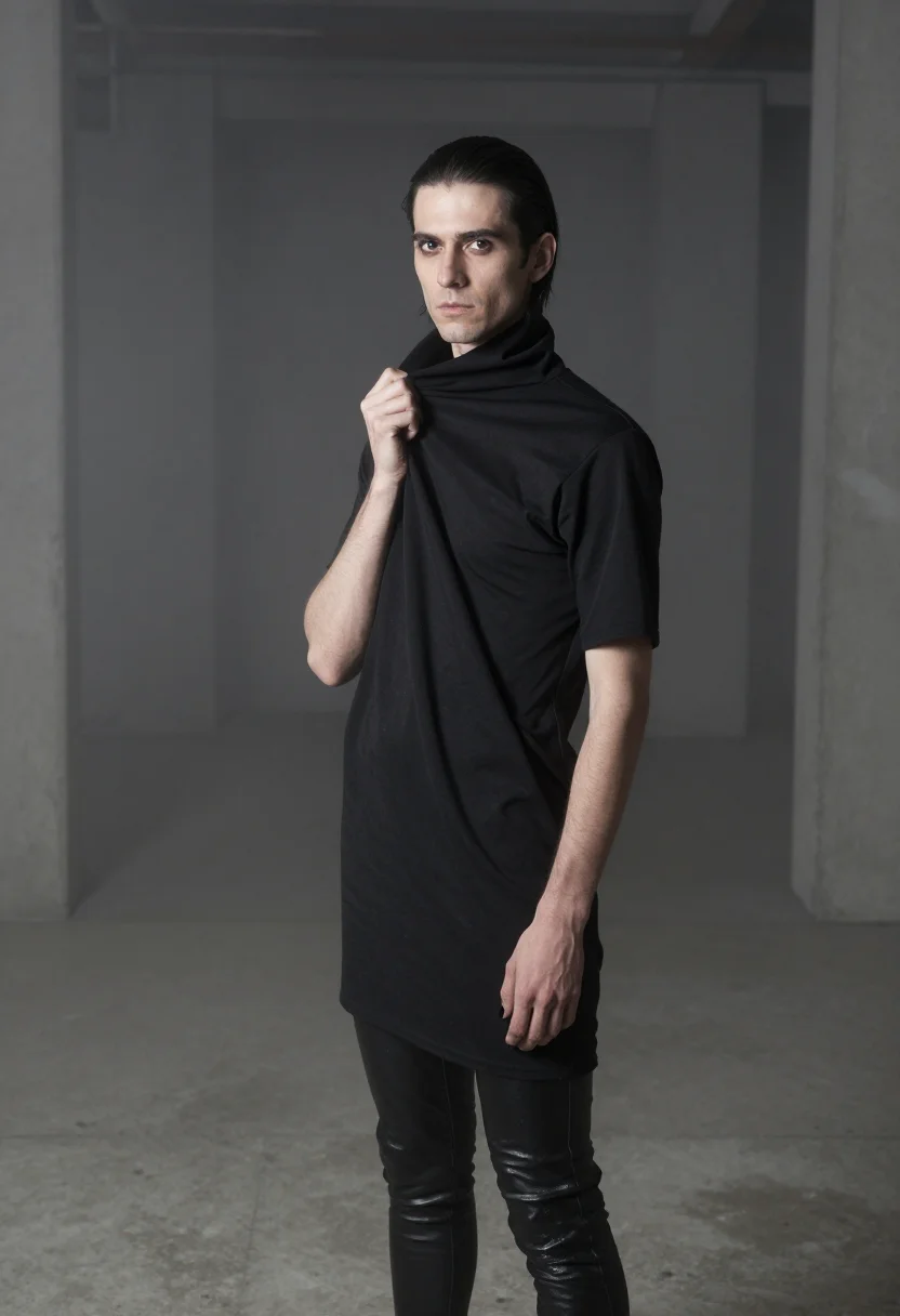 AI rick owens sample — half-length portrait of a Western-European man in his early
