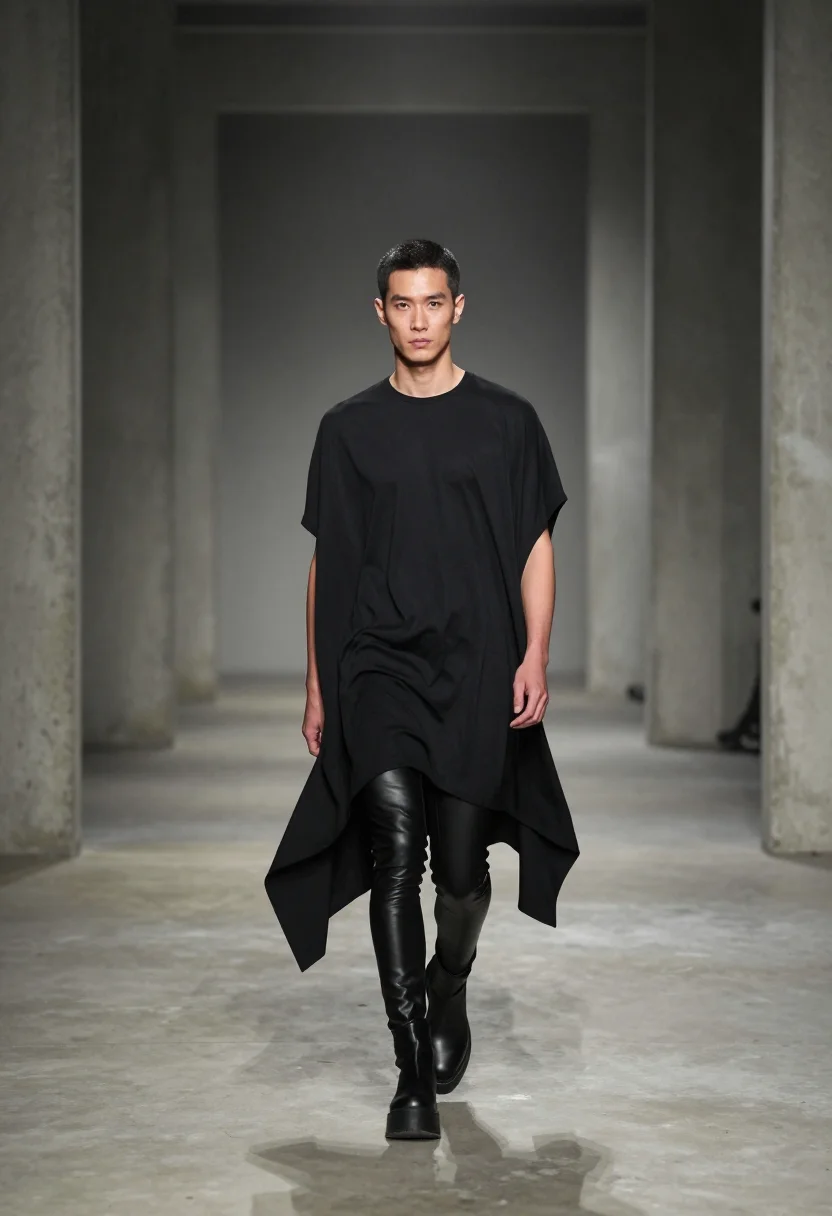 AI rick owens sample — wide full-length portrait of an East-Asian man in his mid-tw