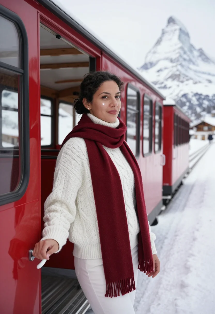 AI riffelalp resort matterhorn larch snow sample — portrait of a woman, a hotel guest in her thirties of Brazil