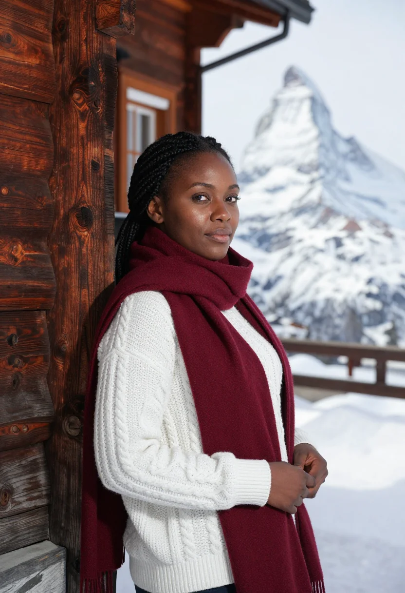 AI riffelalp resort matterhorn larch snow sample — portrait of a woman, a hotel guest in her thirties of Ghanai