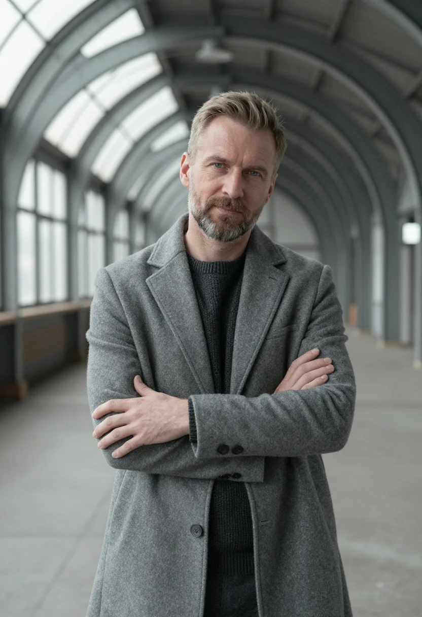 AI riga restaurateur zeppelin hangar grey sample — portrait of a restaurateur, a man of Latvian descent in his