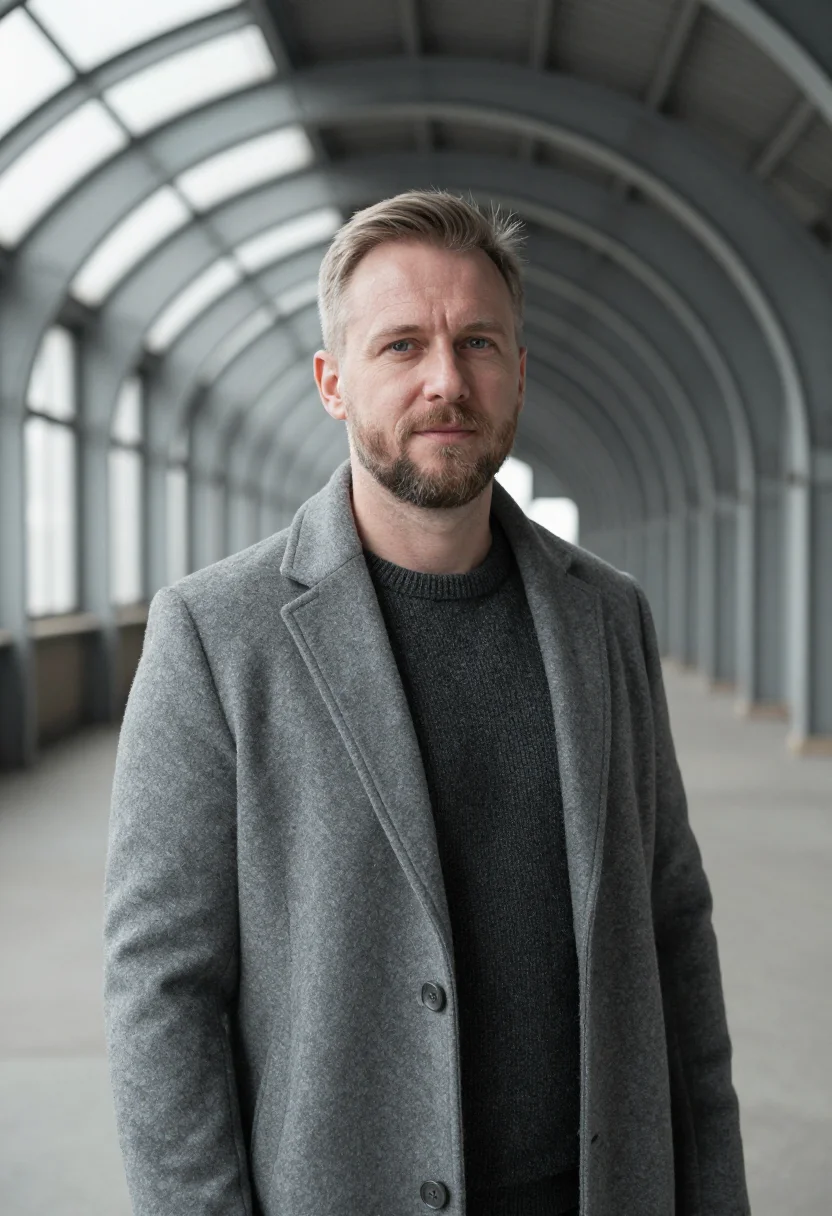 AI riga restaurateur zeppelin hangar grey sample — portrait of a restaurateur, a man of Latvian descent in his