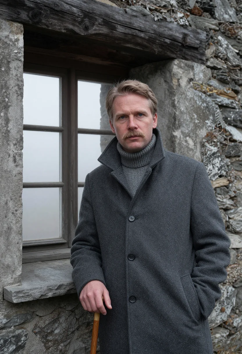 AI rilke muzot january stone sample — portrait of a man, framed half-length from the head to the h