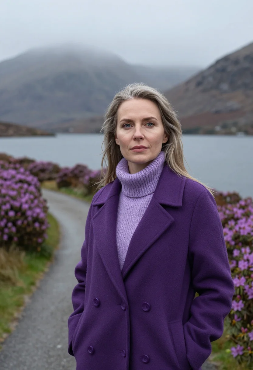 AI ring of kerry may rhododendron purple sample — portrait of a woman, framed tight, head and shoulders, the b