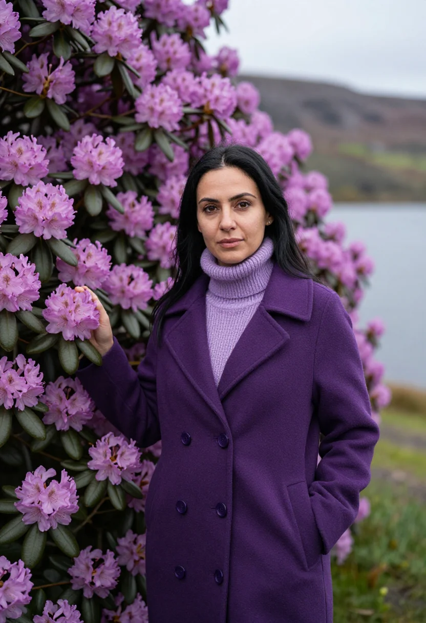AI ring of kerry may rhododendron purple sample — portrait of a woman, framed half-length from the head to the