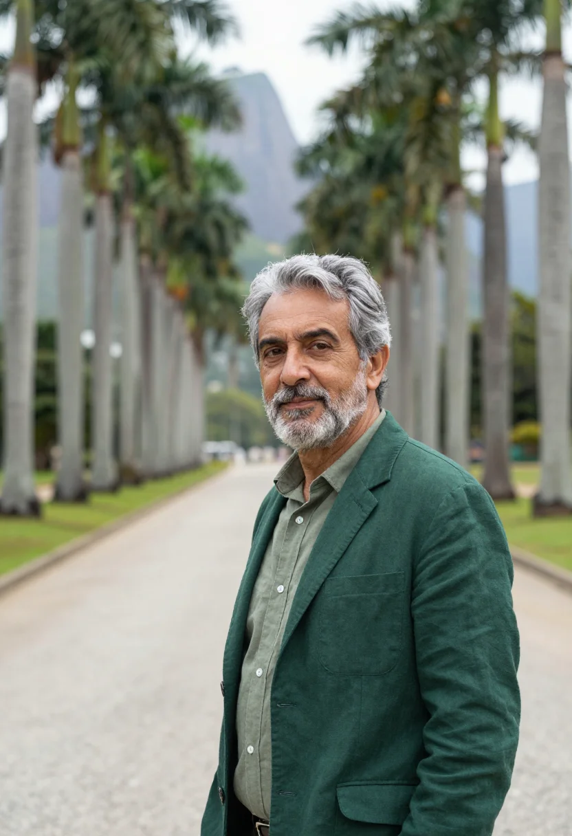AI rio botanic botanist imperial palm green sample — portrait of a man, a botanist in his late fifties of Portugu