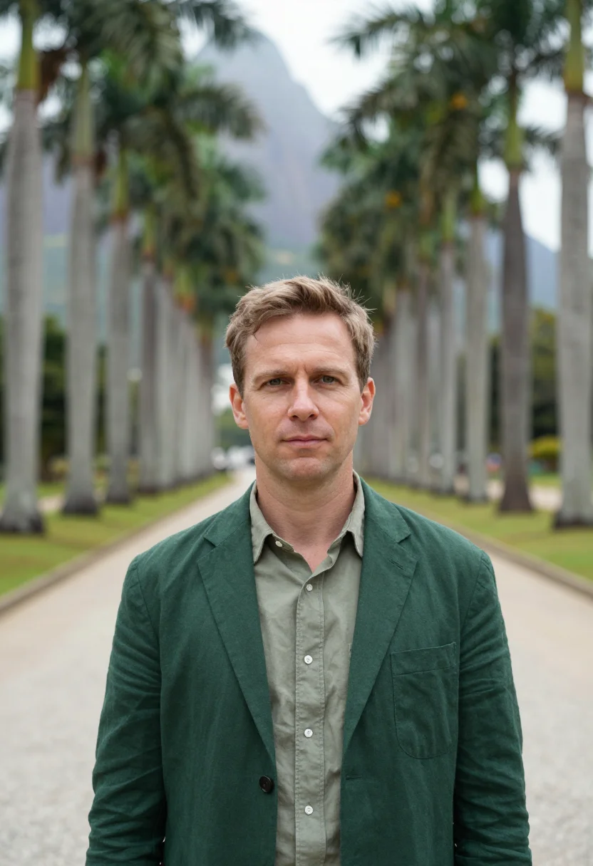 AI rio botanic botanist imperial palm green sample — portrait of a man, a botanist in his early forties of Englis