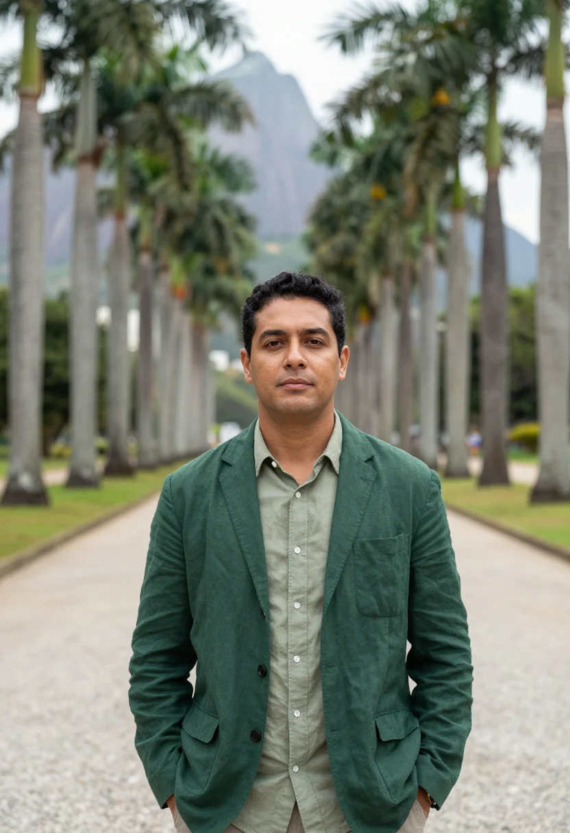 AI rio botanic botanist imperial palm green sample — portrait of a man, a botanist in his early forties of Brazil