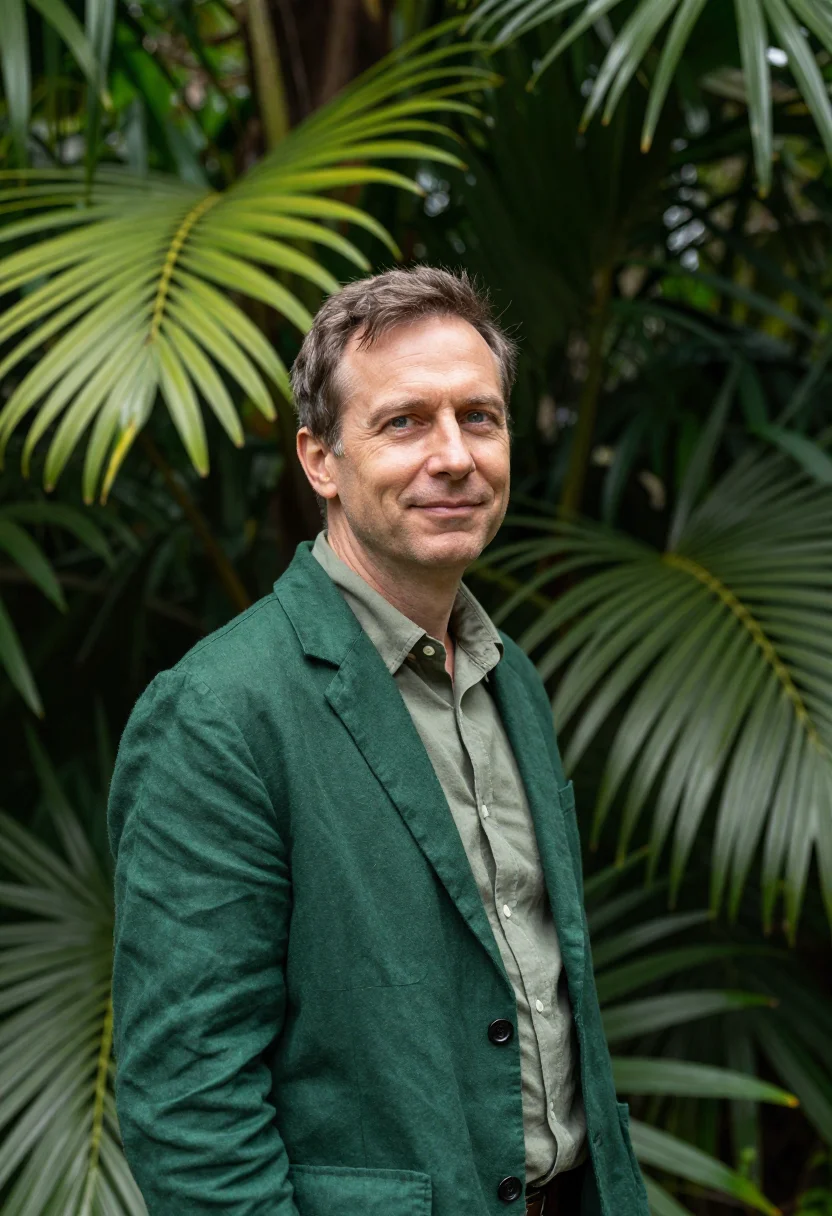 AI rio botanic botanist imperial palm green sample — portrait of a man, a botanist in his mid-forties of German a