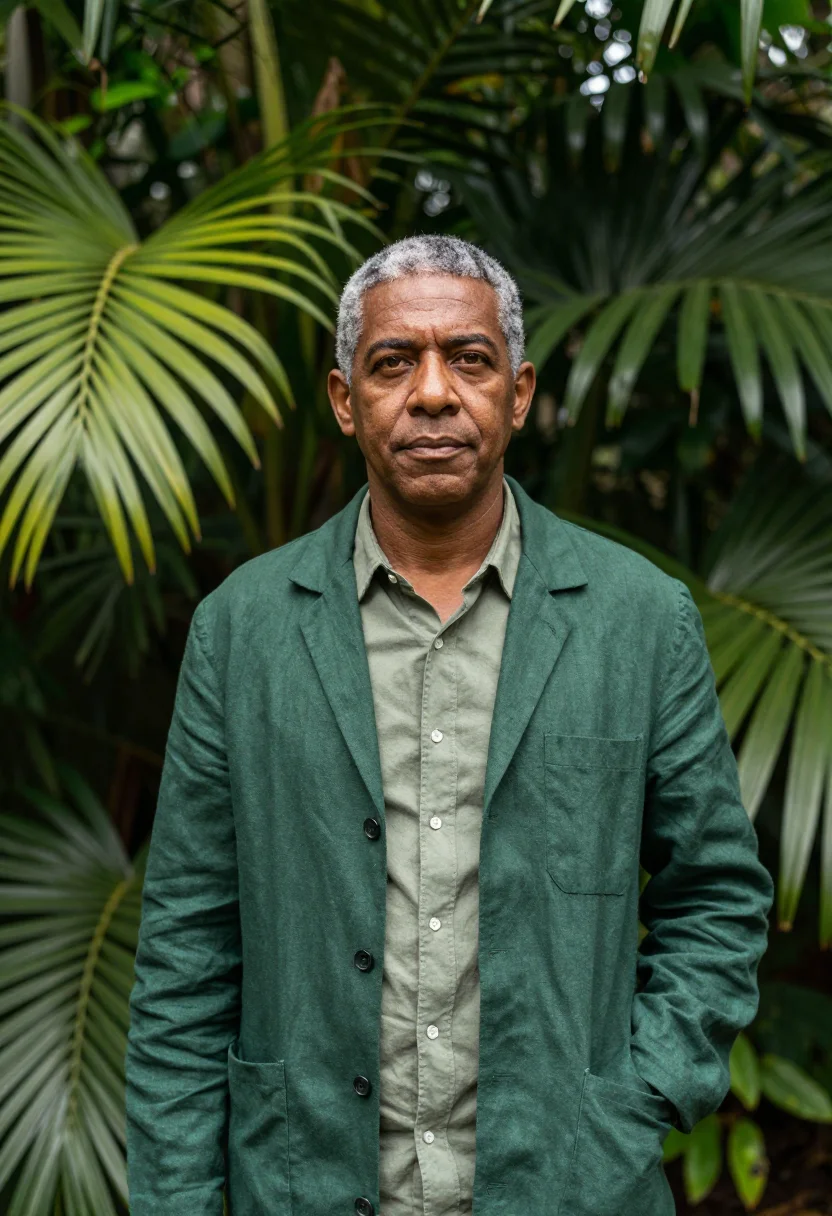 AI rio botanic botanist imperial palm green sample — portrait of a man, a botanist in his early fifties of Afro-B