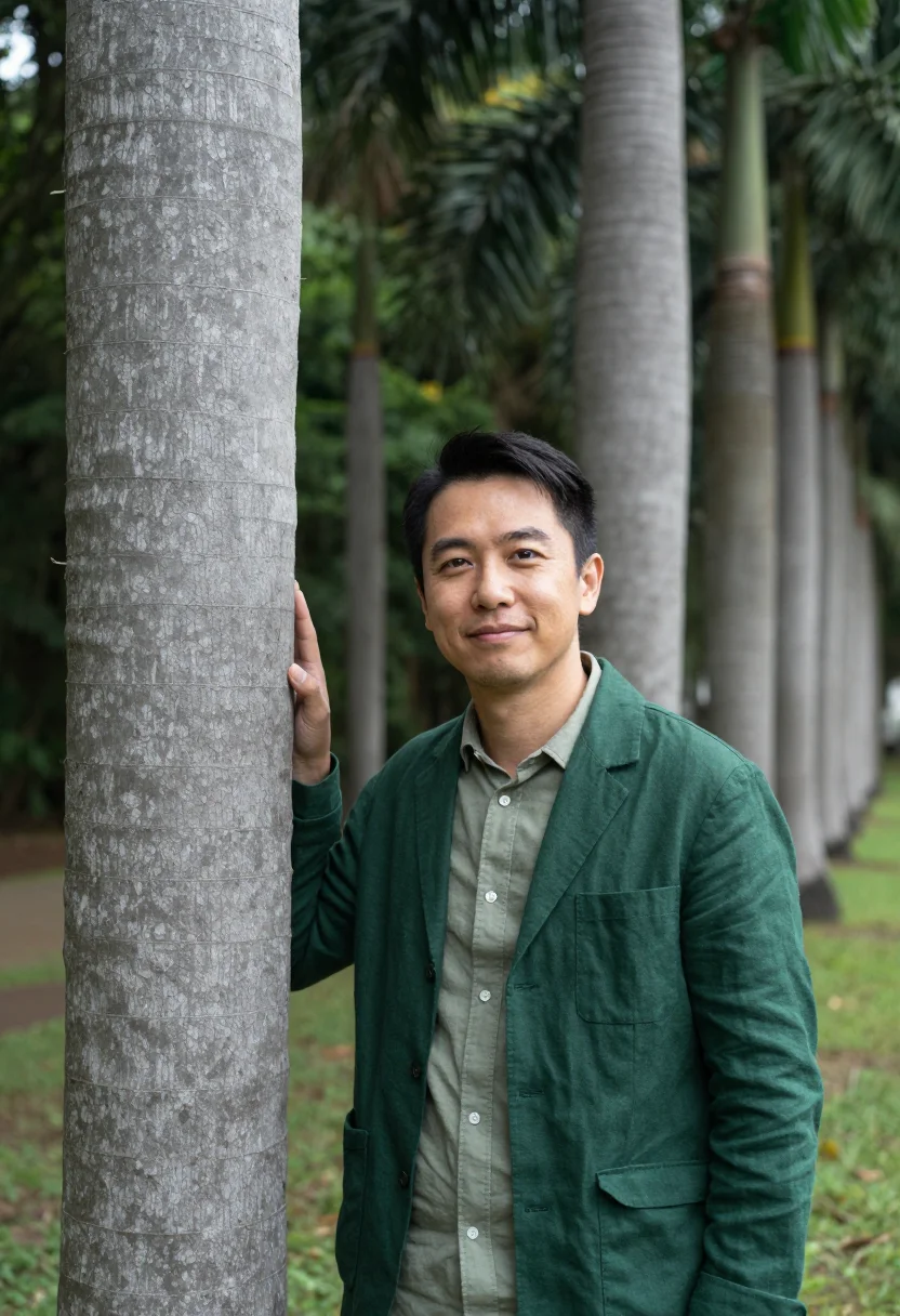AI rio botanic botanist imperial palm green sample — portrait of a man, a botanist in his mid-thirties of Japanes