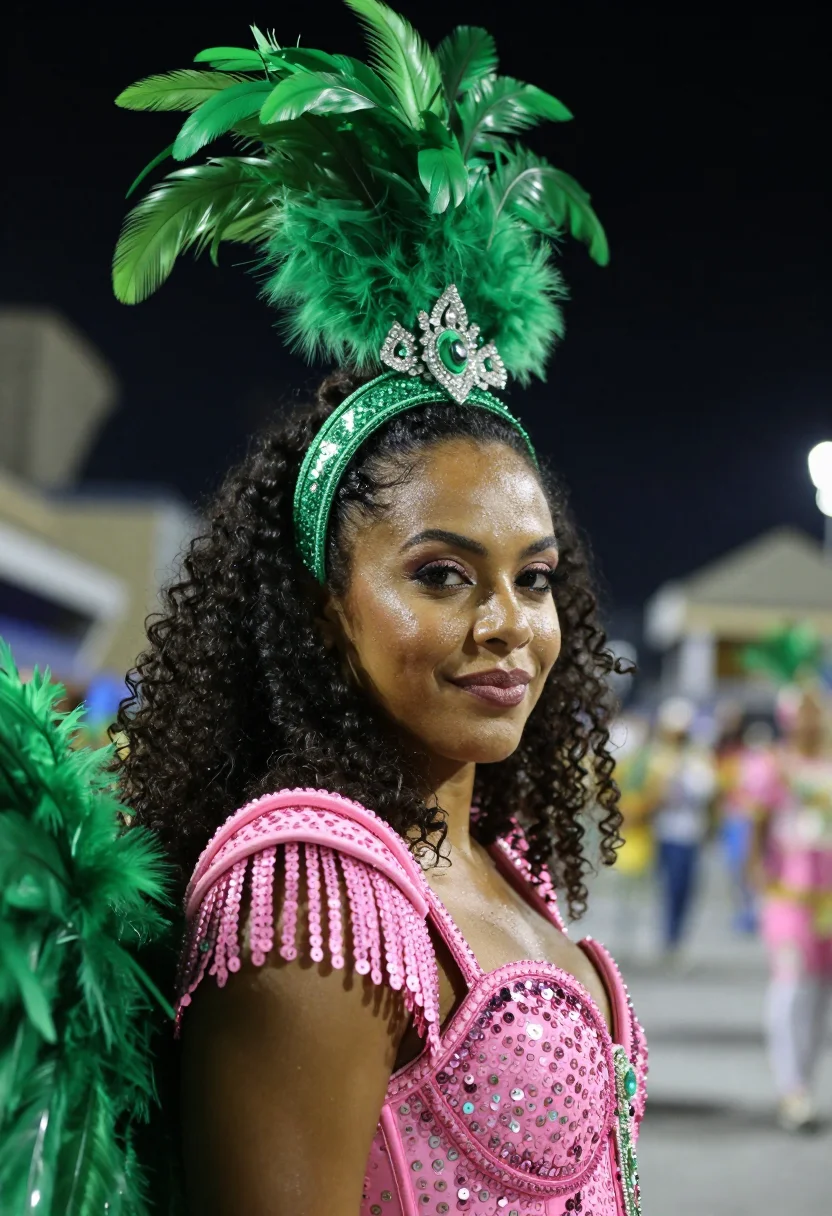 AI rio carnaval green pink sample — portrait of a woman, framed tight, head and shoulders, the b