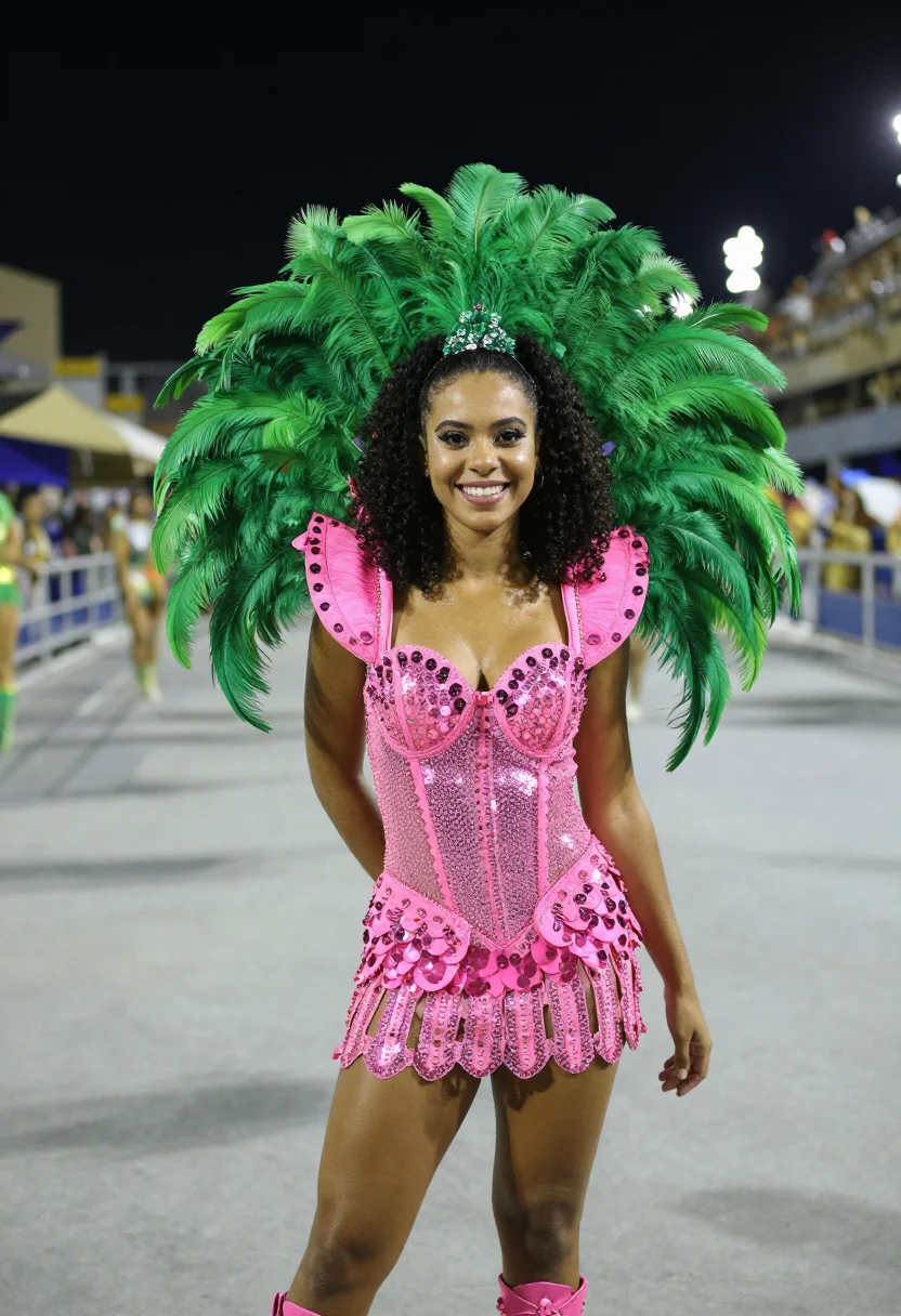 AI rio carnaval green pink sample — portrait of a woman, framed tight, head and shoulders, the b