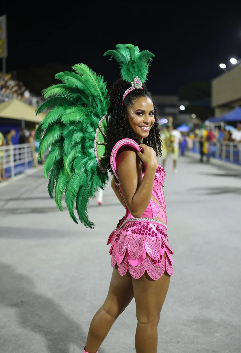 AI rio carnaval green pink sample — portrait of a woman, framed chest-up, cropped at the ribs, t