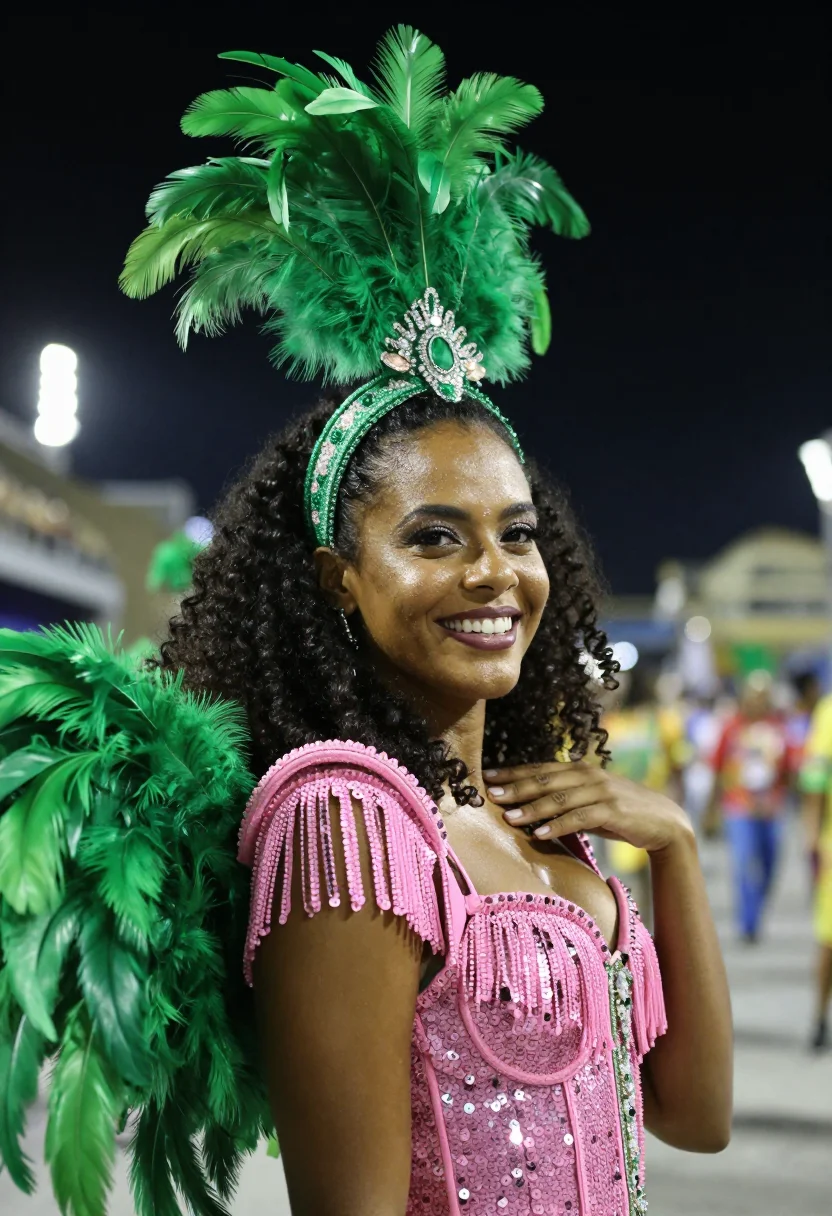 AI rio carnaval green pink sample — portrait of a woman, framed chest-up, cropped at the ribs, t