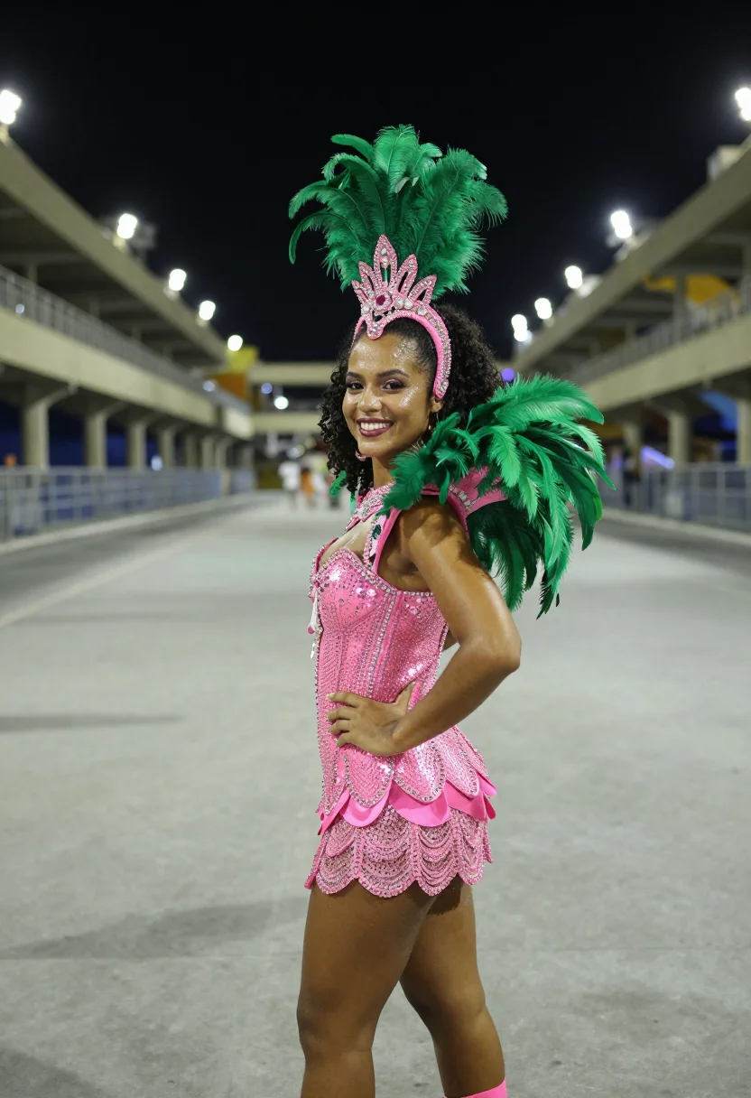 AI rio carnaval green pink sample — portrait of a woman, framed chest-up, cropped at the ribs, t