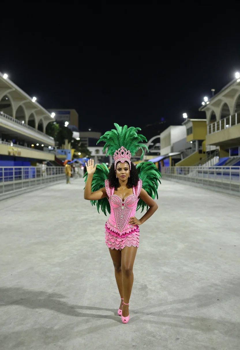 AI rio carnaval green pink sample — portrait of a woman, framed wide, full length, the figure sm
