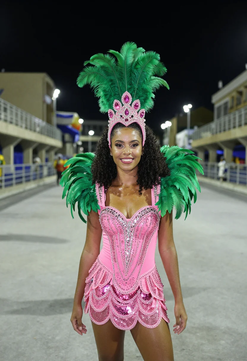 AI rio carnaval green pink sample — portrait of a woman, framed tight, head and shoulders, the b